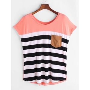 Round neck striped T-shirt pocket cap sleeve tee colorblock blouse shirt